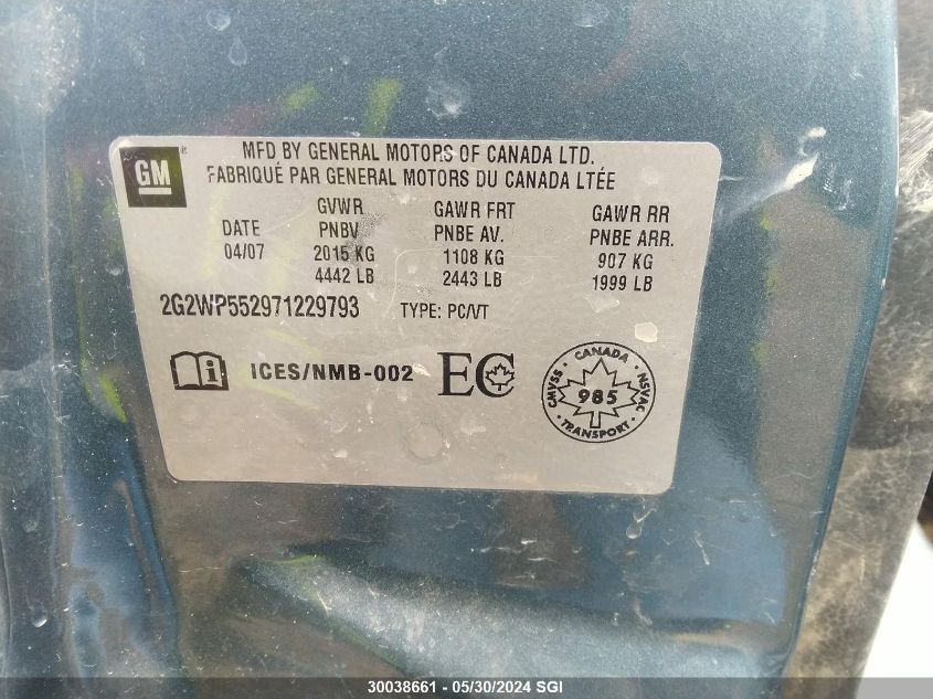 2007 Pontiac Grand Prix VIN: 2G2WP552971229793 Lot: 30038661
