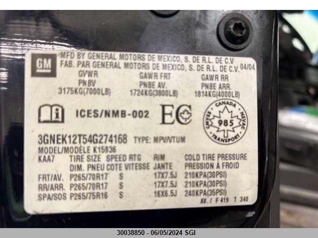 2004 Chevrolet Avalanche K1500 VIN: 3GNEK12T54G274168 Lot: 30038850