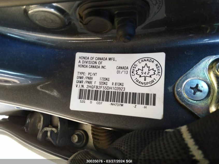 2013 Honda Civic Lx VIN: 2HGFB2F55DH103923 Lot: 30035076