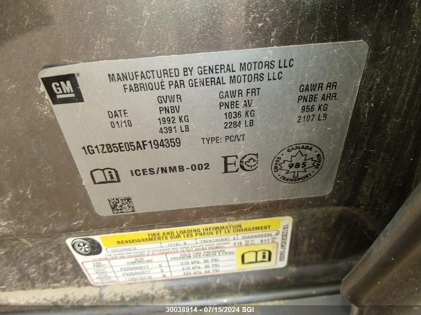 2010 Chevrolet Malibu Ls VIN: 1G1ZB5E05AF194359 Lot: 30038914