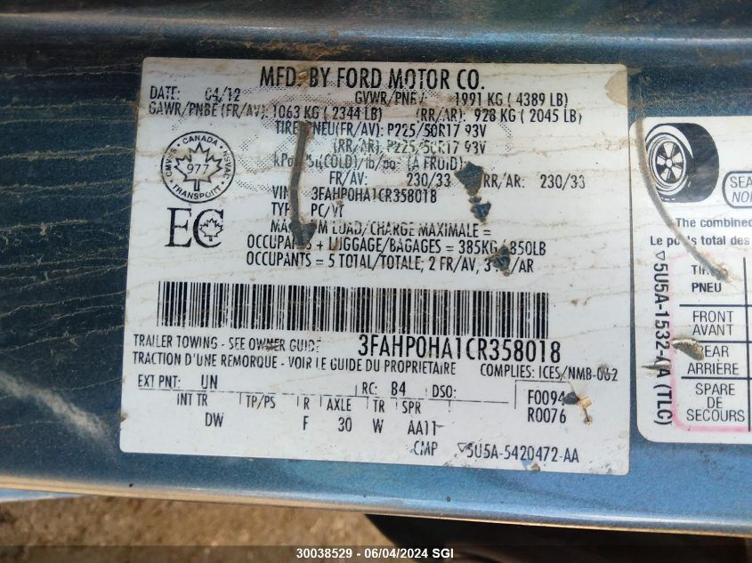 2012 Ford Fusion Se VIN: 3FAHP0HA1CR358018 Lot: 30038529