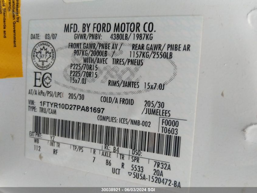 2007 Ford Ranger VIN: 1FTYR10D27PA81697 Lot: 30038921