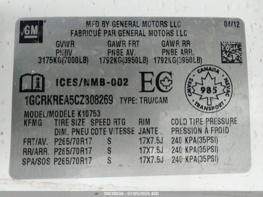 2012 Chevrolet Silverado K1500 Ls VIN: 1GCRKREA5CZ308269 Lot: 30038838