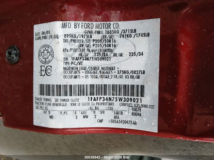 2005 Ford Focus Zx4 VIN: 1FAFP34N75W309021 Lot: 30038942