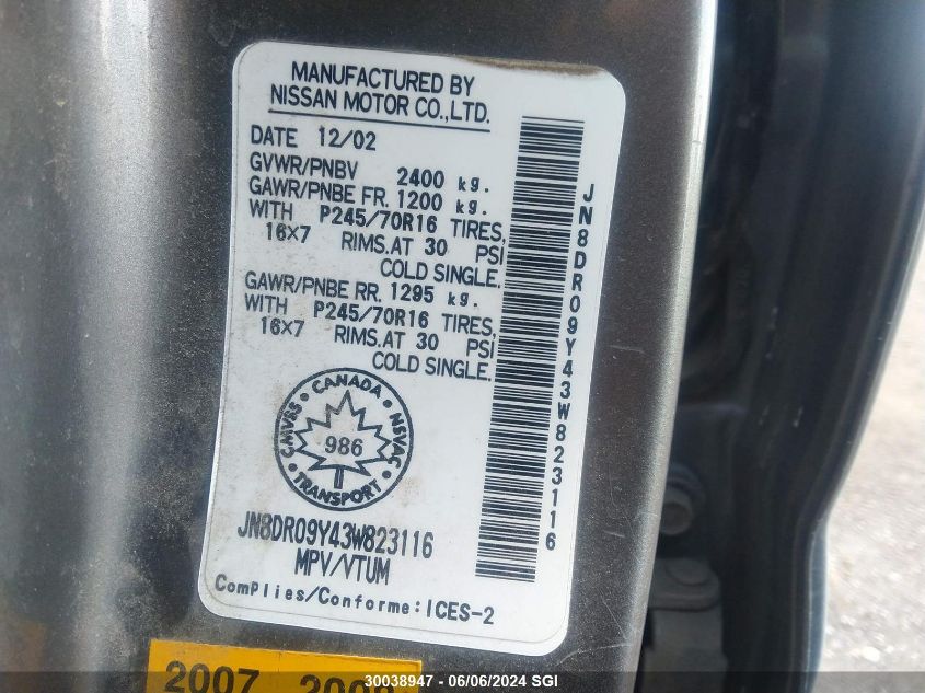 2003 Nissan Pathfinder Le/Se VIN: JN8DR09Y43W823116 Lot: 30038947