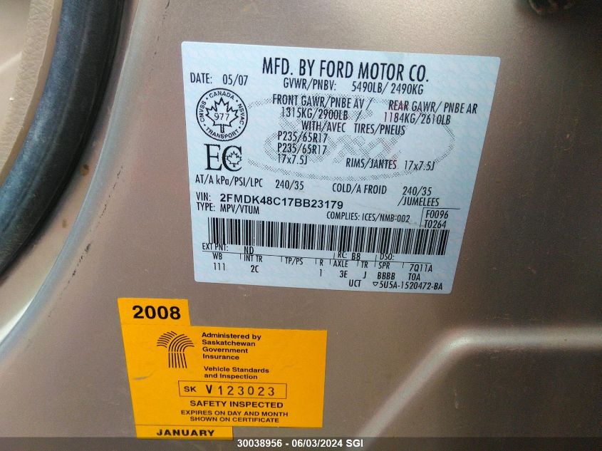 2007 Ford Edge Sel VIN: 2FMDK48C17BB23179 Lot: 30038956