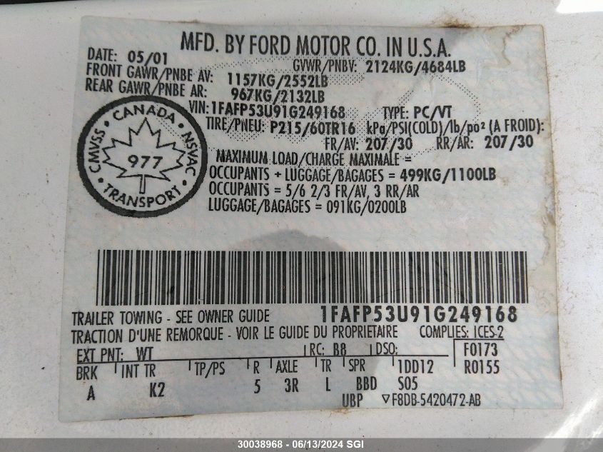 2001 Ford Taurus Se VIN: 1FAFP53U91G249168 Lot: 30038968