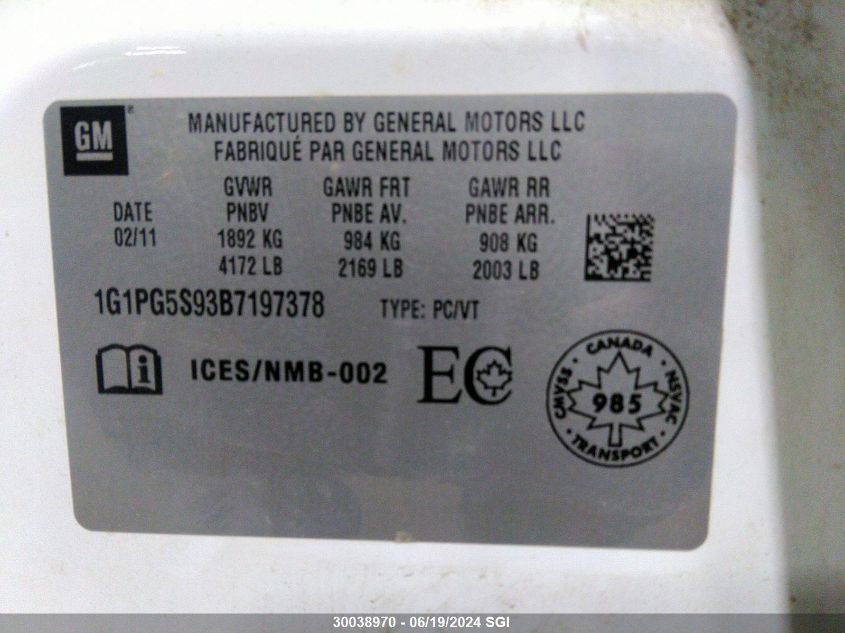 2011 Chevrolet Cruze Lt VIN: 1G1PG5S93B7197378 Lot: 30038970