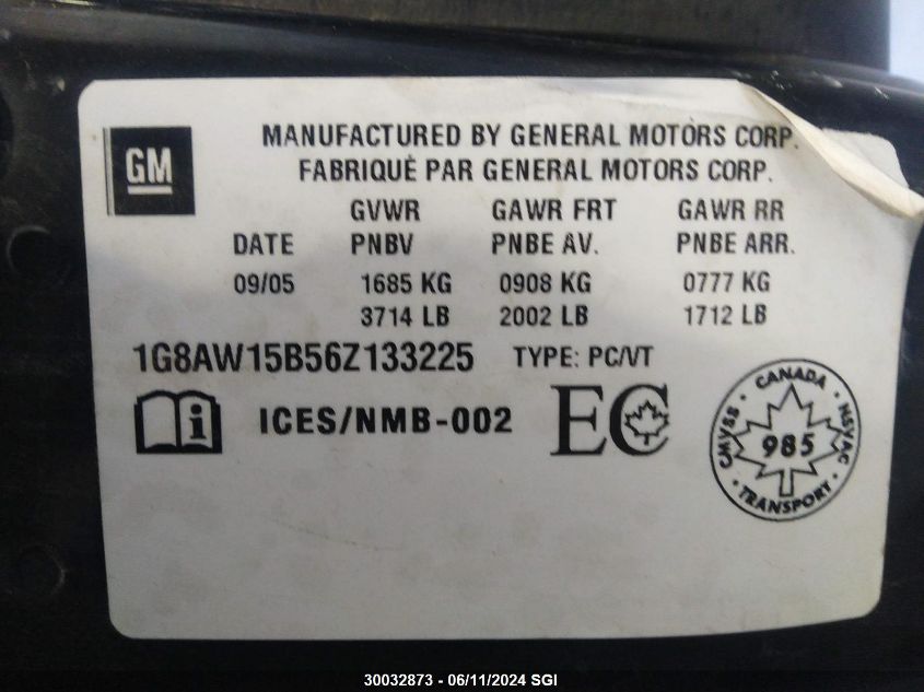 2006 Saturn Ion Level 3 VIN: 1G8AW15B56Z133225 Lot: 30032873