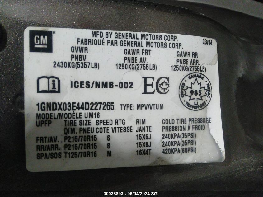 2004 Chevrolet Venture VIN: 1GNDX03E44D227265 Lot: 30038893