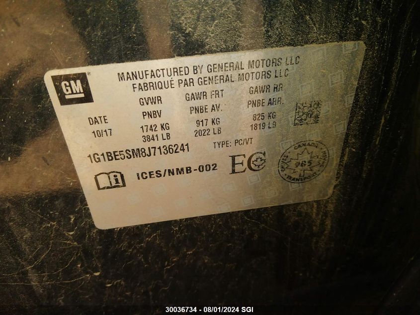 2018 Chevrolet Cruze Lt VIN: 1G1BE5SM8J7136241 Lot: 30036734