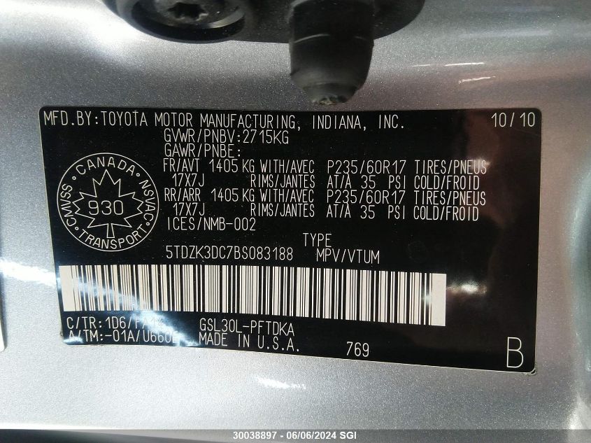 2011 Toyota Sienna VIN: 5TDZK3DC7BS083188 Lot: 30038897