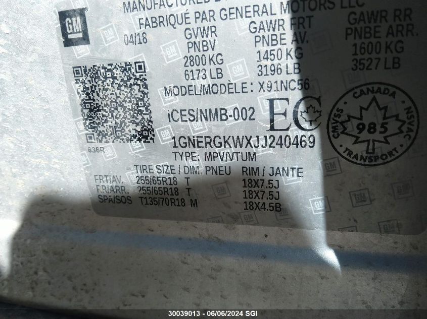 2018 Chevrolet Traverse Lt VIN: 1GNERGKWXJJ240469 Lot: 30039013