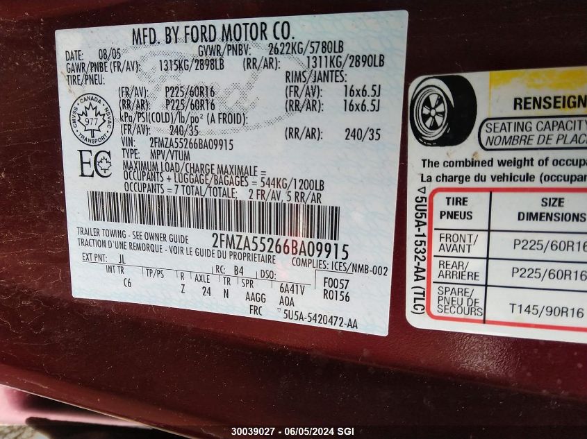 2006 Ford Freestar Se VIN: 2FMZA55266BA09915 Lot: 30039027