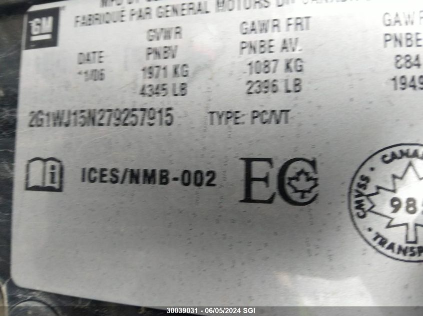 2007 Chevrolet Monte Carlo Ls VIN: 2G1WJ15N279257915 Lot: 30039031