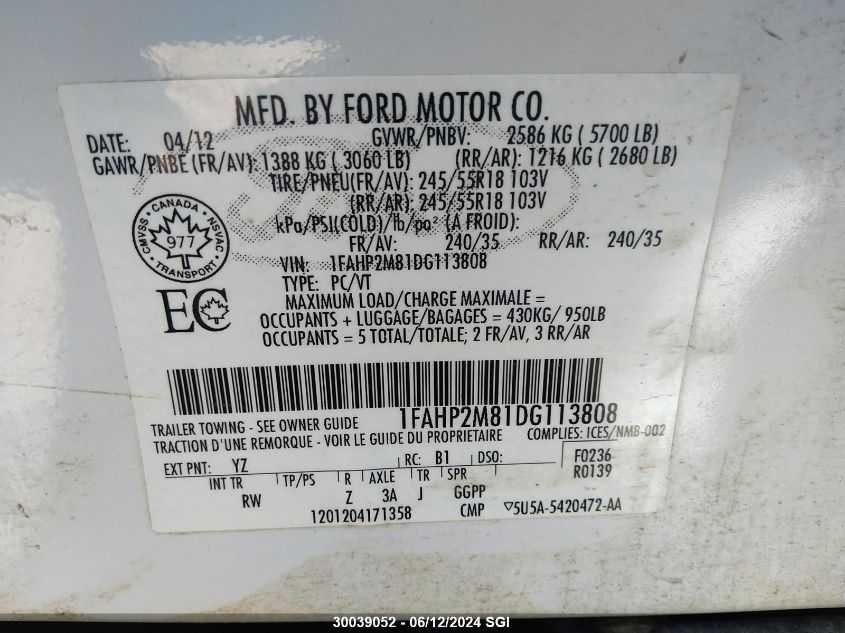 2013 Ford Taurus Police Interceptor VIN: 1FAHP2M81DG113808 Lot: 30039052