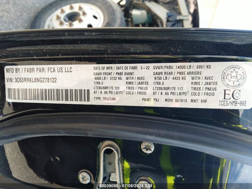 2022 Ram 3500 Longhorn VIN: 3C63RRKL8NG278122 Lot: 30039098