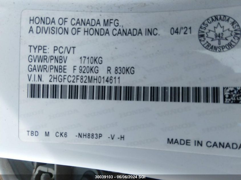 2021 Honda Civic Sport VIN: 2HGFC2F82MH014611 Lot: 30039103