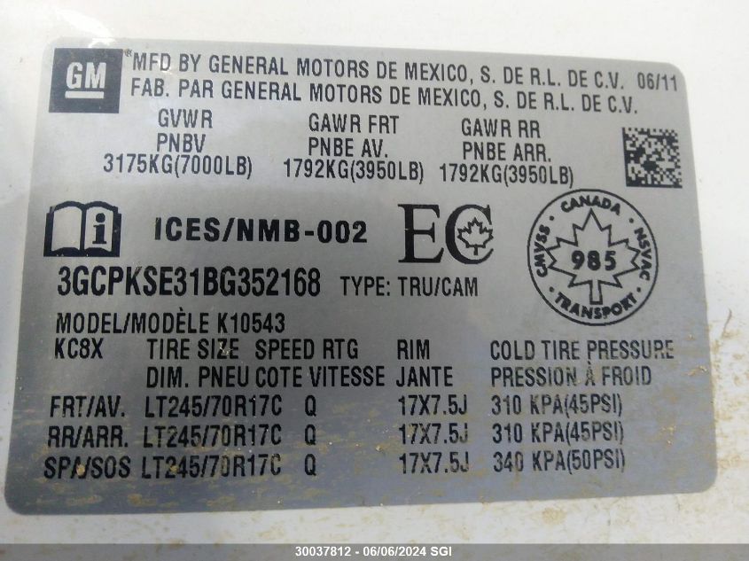 2011 Chevrolet Silverado K1500 Lt VIN: 3GCPKSE31BG352168 Lot: 30037812