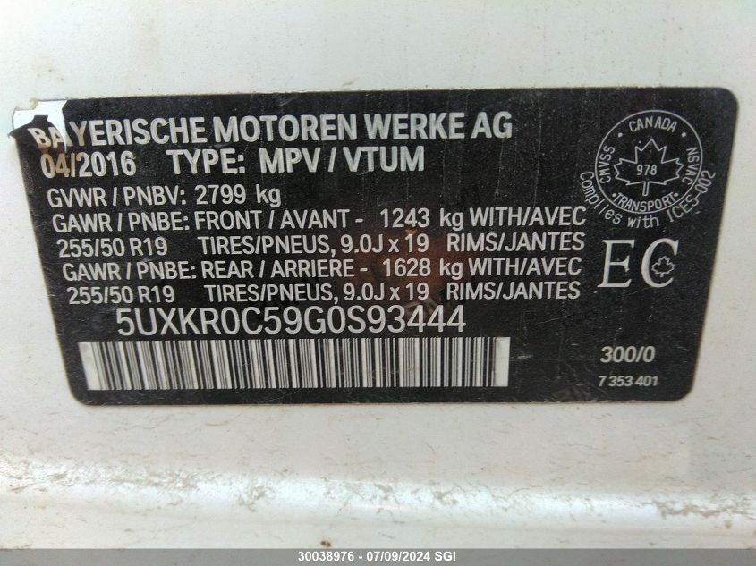 2016 BMW X5 xDrive35I VIN: 5UXKR0C59G0S93444 Lot: 30038976