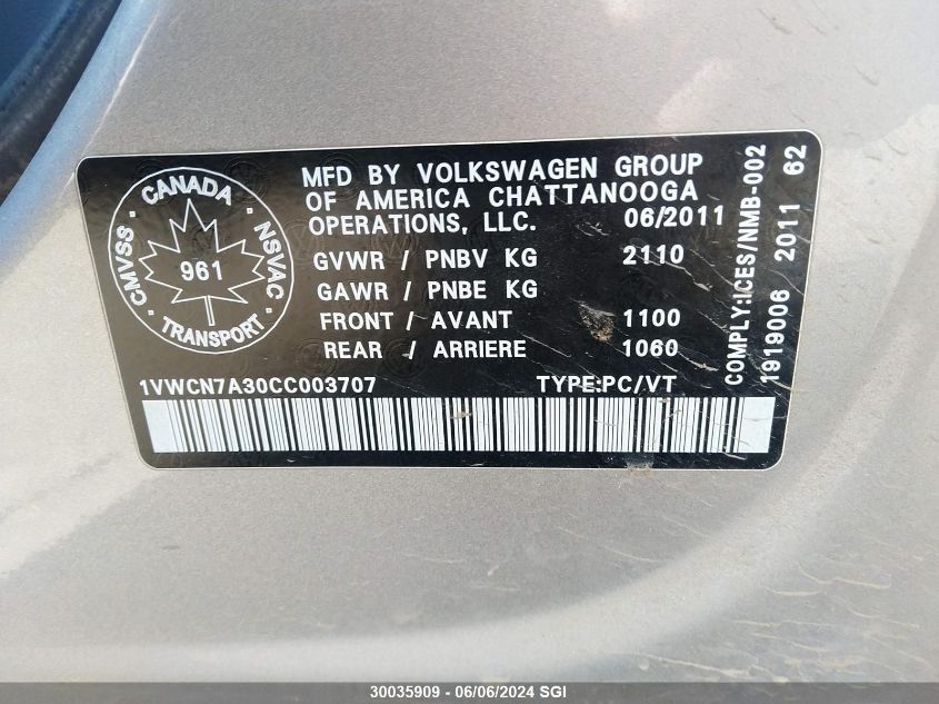 2012 Volkswagen Passat VIN: 1VWCN7A30CC003707 Lot: 30035909