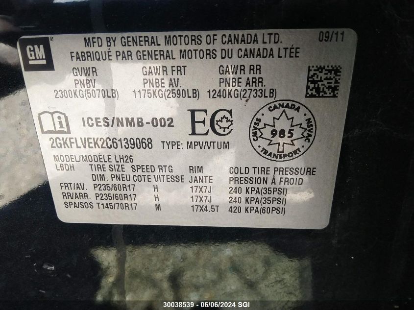 2012 GMC Terrain Slt VIN: 2GKFLVEK2C6139068 Lot: 30038539