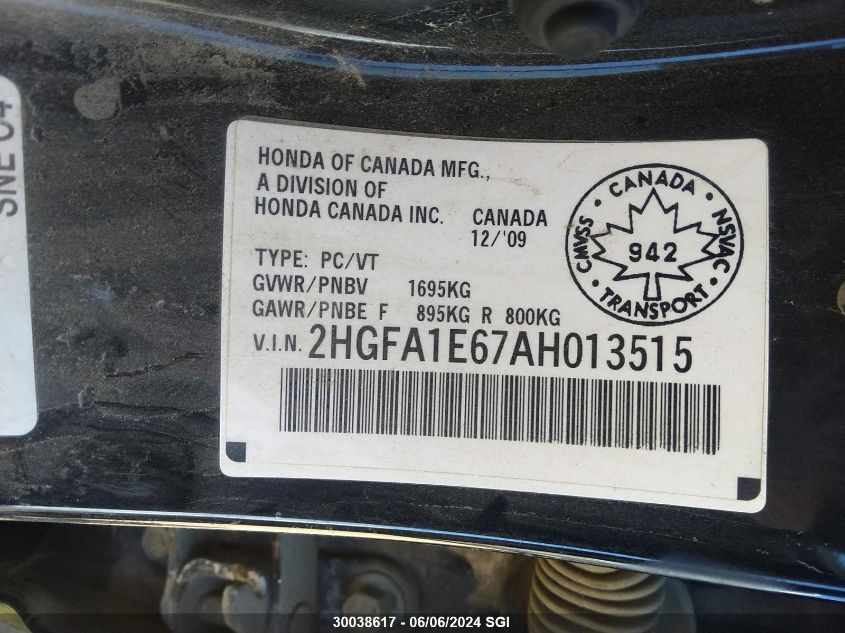 2010 Honda Civic Lx-S VIN: 2HGFA1E67AH013515 Lot: 30038617