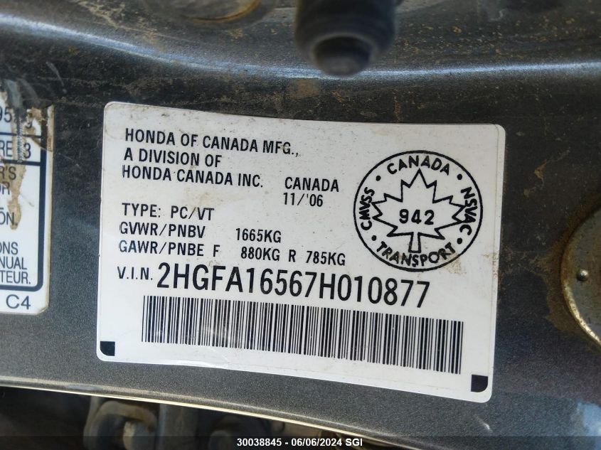 2007 Honda Civic Lx VIN: 2HGFA16567H010877 Lot: 30038845