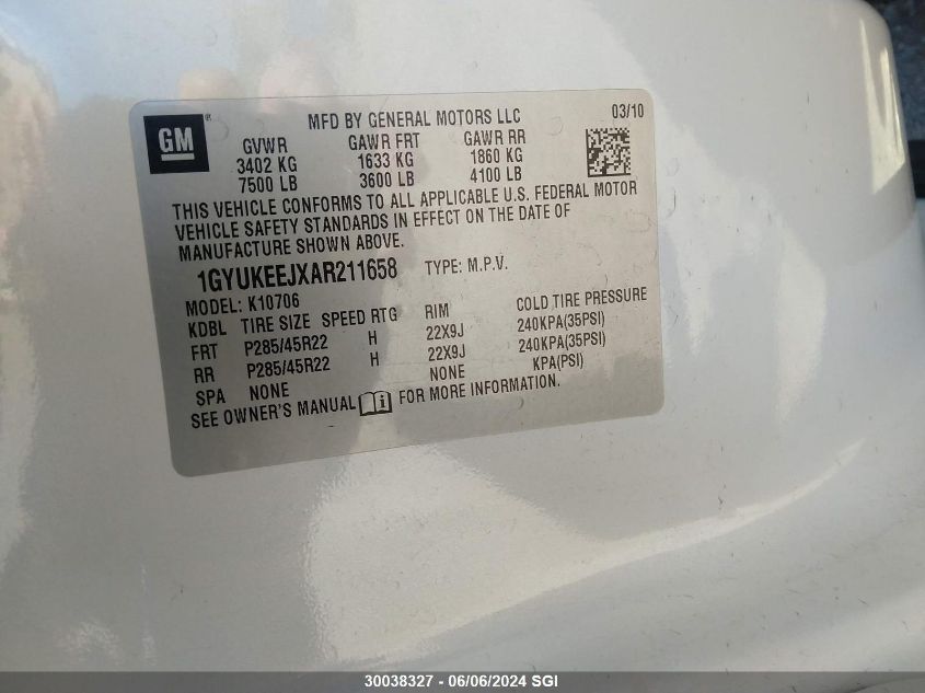 2010 Cadillac Escalade Hybrid VIN: 1GYUKEEJXAR211658 Lot: 30038327