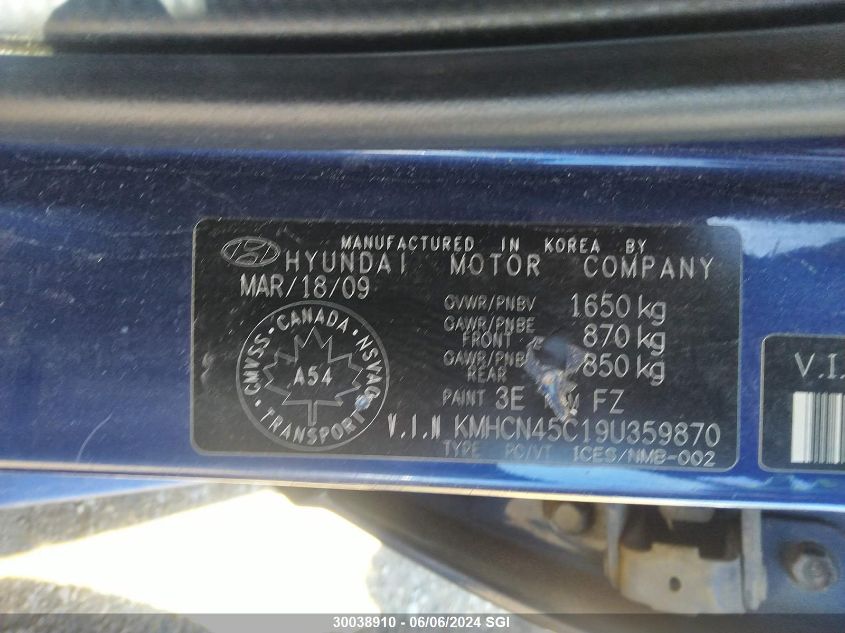 2009 Hyundai Accent Gls VIN: KMHCN45C19U359870 Lot: 30038910