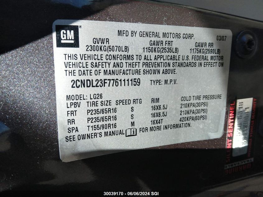 2007 Chevrolet Equinox Ls VIN: 2CNDL23F776111159 Lot: 30039170