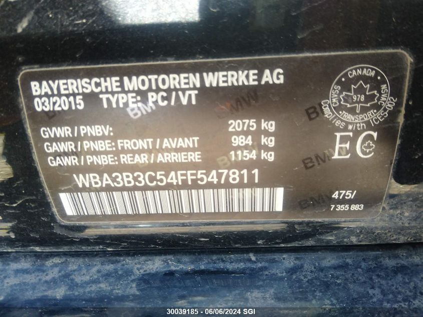 2015 BMW 328 Xi VIN: WBA3B3C54FF547811 Lot: 30039185