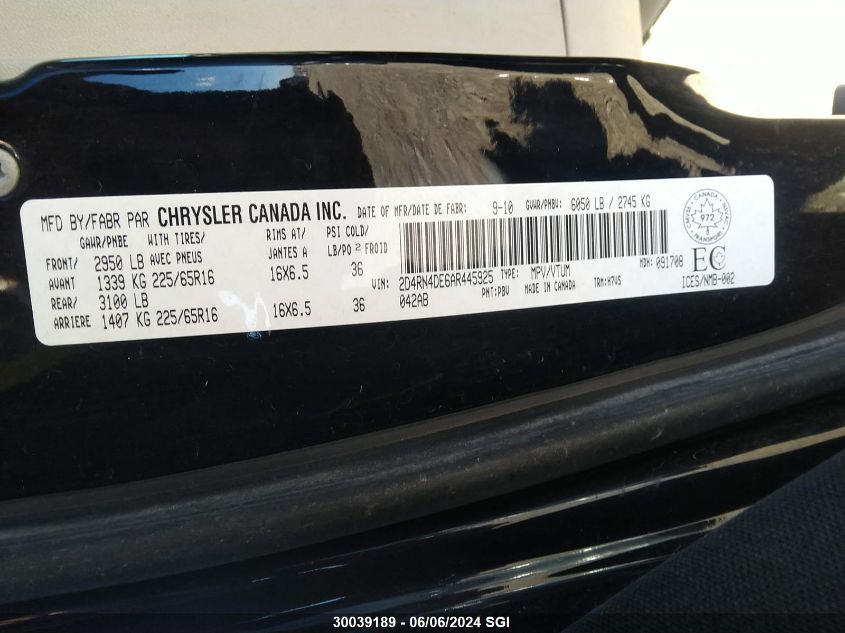 2010 Dodge Grand Caravan Se VIN: 2D4RN4DE6AR445925 Lot: 30039189