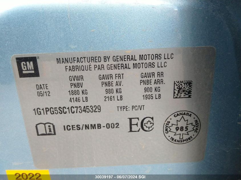 2012 Chevrolet Cruze Lt VIN: 1G1PG5SC1C7345329 Lot: 30039197