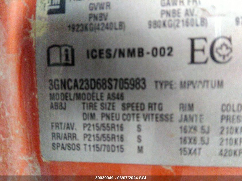 2008 Chevrolet Hhr Lt VIN: 3GNCA23D68S705983 Lot: 30039049