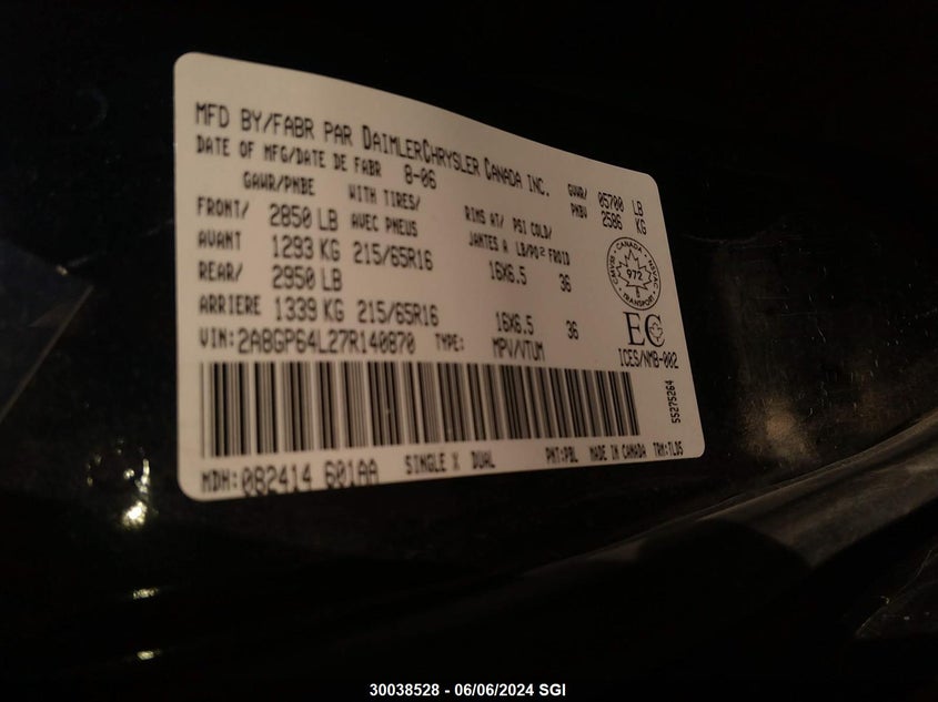 2007 Chrysler Town & Country Limited VIN: 2A8GP64L27R140870 Lot: 30038528