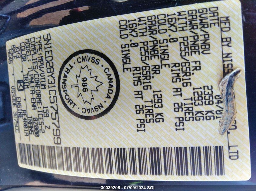 2001 Nissan Xterra Xe/Se VIN: 5N1ED28Y31C575799 Lot: 30039206
