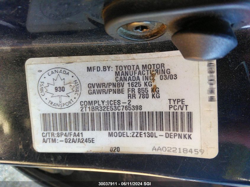 2003 Toyota Corolla Ce/Le/S VIN: 2T1BR32E53C765398 Lot: 30037911