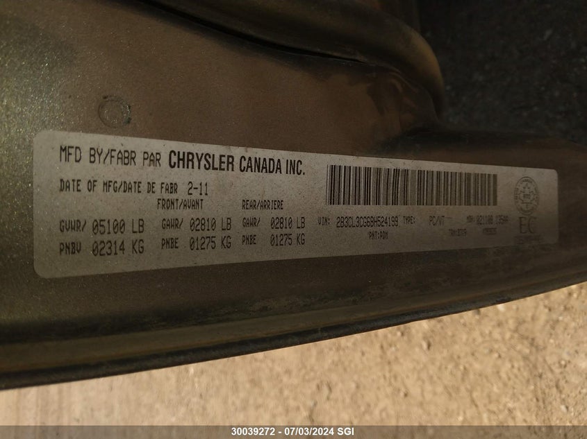 2011 Dodge Charger VIN: 2B3CL3CG6BH524199 Lot: 30039272