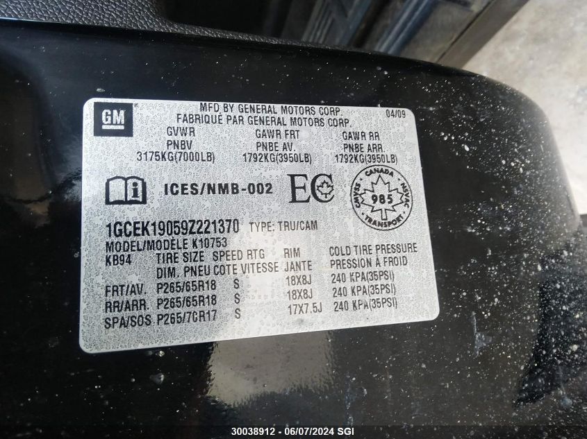 2009 Chevrolet Silverado 1500 VIN: 1GCEK19059Z221370 Lot: 30038912