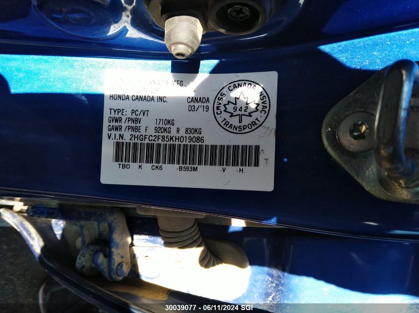 2019 Honda Civic Sport VIN: 2HGFC2F85KH019086 Lot: 30039077