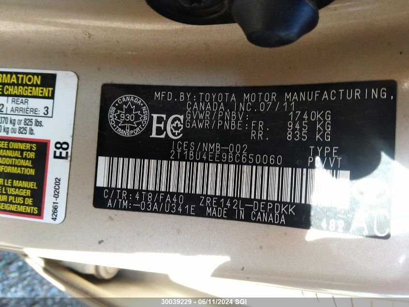 2011 Toyota Corolla S/Le VIN: 2T1BU4EE9BC650060 Lot: 30039229