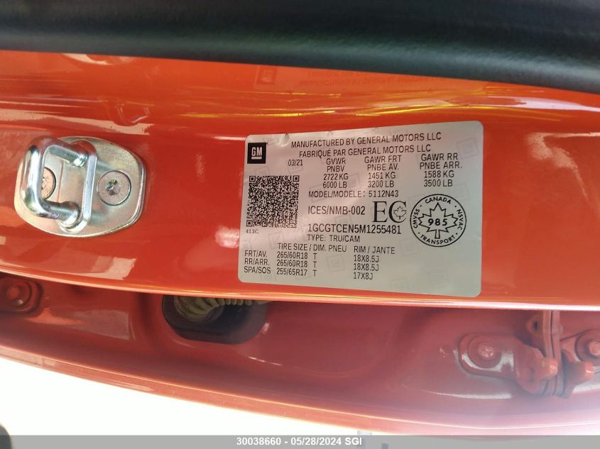 2021 Chevrolet Colorado Lt VIN: 1GCGTCEN5M1255481 Lot: 30038660
