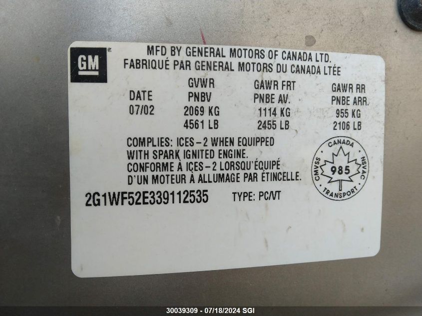 2003 Chevrolet Impala VIN: 2G1WF52E339112535 Lot: 30039309