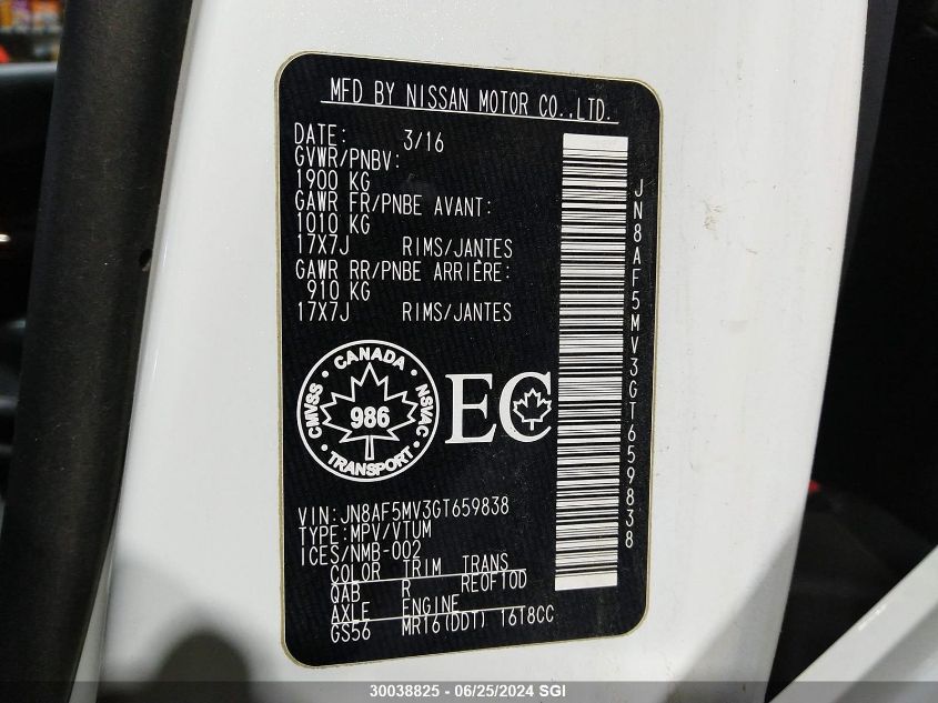 2016 Nissan Juke S/Sv/Sl/Nismo VIN: JN8AF5MV3GT659838 Lot: 30038825