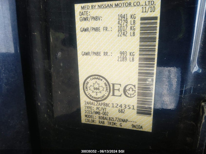 2011 Nissan Altima S VIN: 1N4AL2AP8BC124351 Lot: 30039352