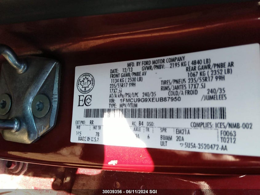 2014 Ford Escape Se VIN: 1FMCU9G9XEUB87950 Lot: 30039356