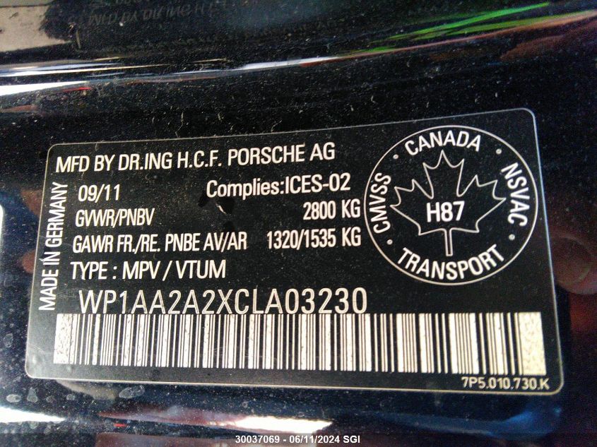 2012 Porsche Cayenne VIN: WP1AA2A2XCLA03230 Lot: 30037069