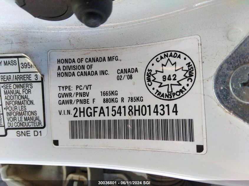 2008 Honda Civic Dx-G VIN: 2HGFA15418H014314 Lot: 30036801