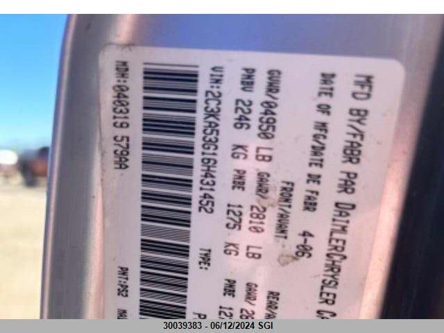 2006 Chrysler 300 Touring VIN: 2C3KA53G16H431452 Lot: 30039383